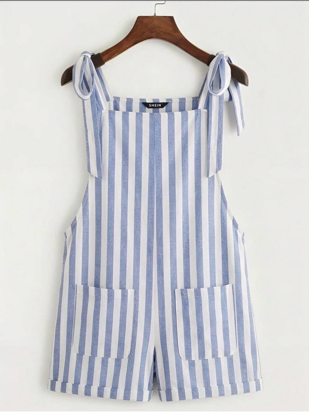 SHEIN Blue & White Striped Tie-Strap Linen Romper | Size M